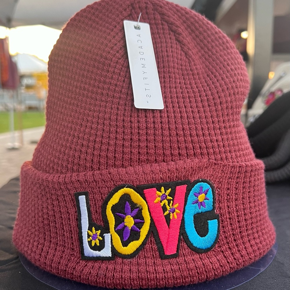 Dark red beanie with LOVE patch